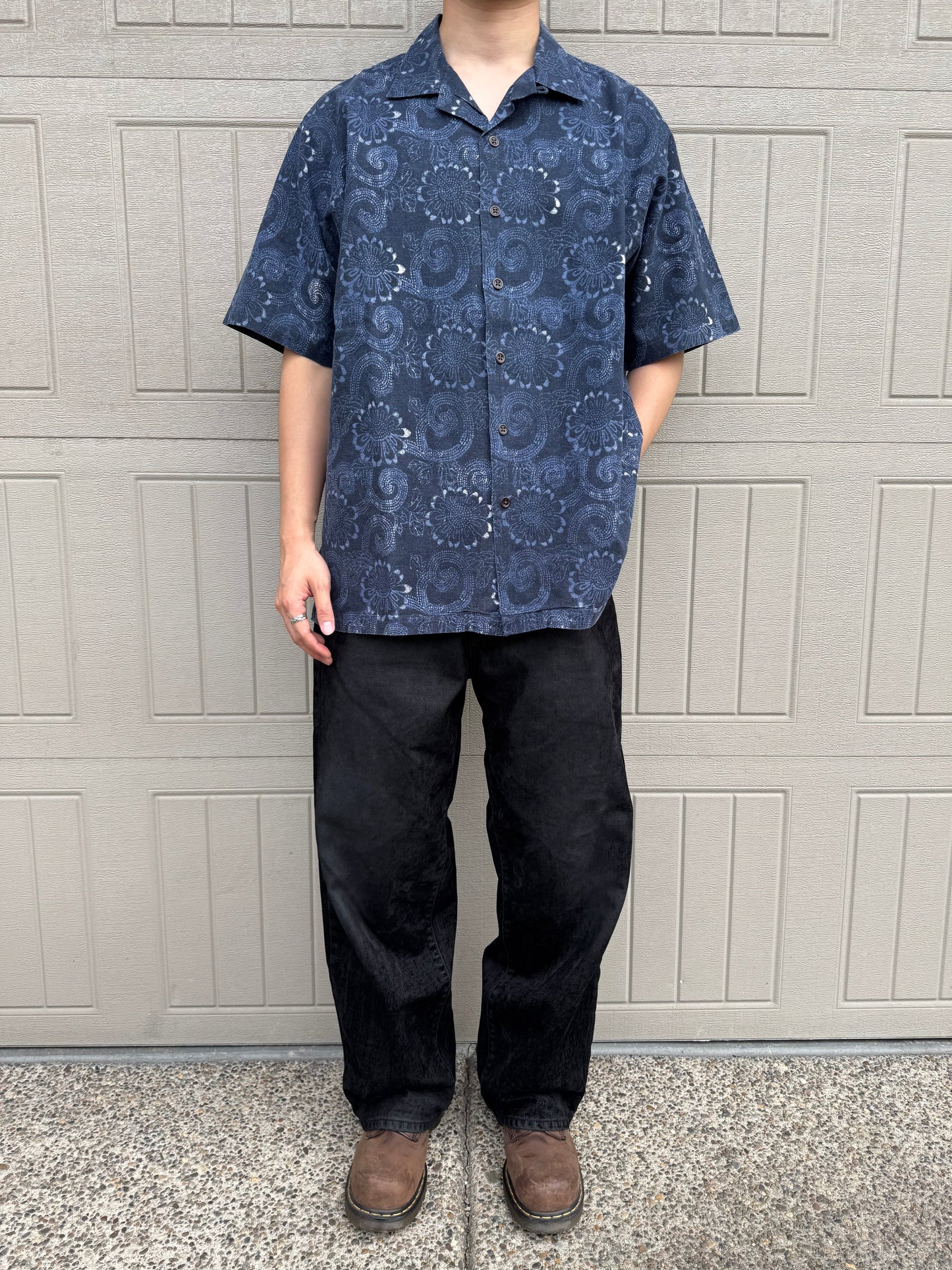 90s-00s Ralph Lauren Caldwell Dark Blue Linen x Cotton Floral Open Collar Shirt KiiChain Clothing