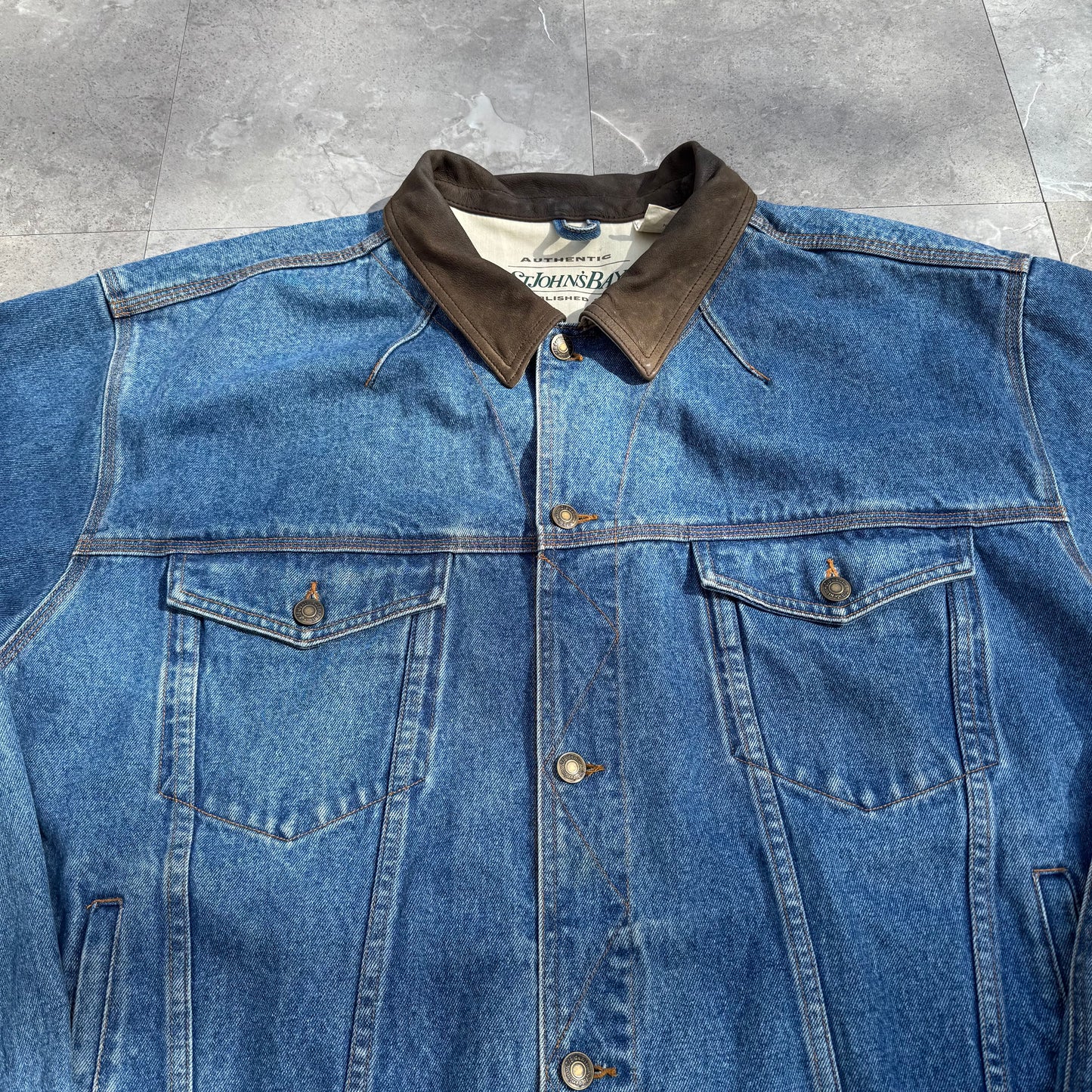 90s St. John's Bay Leather Collar Denim Jacket