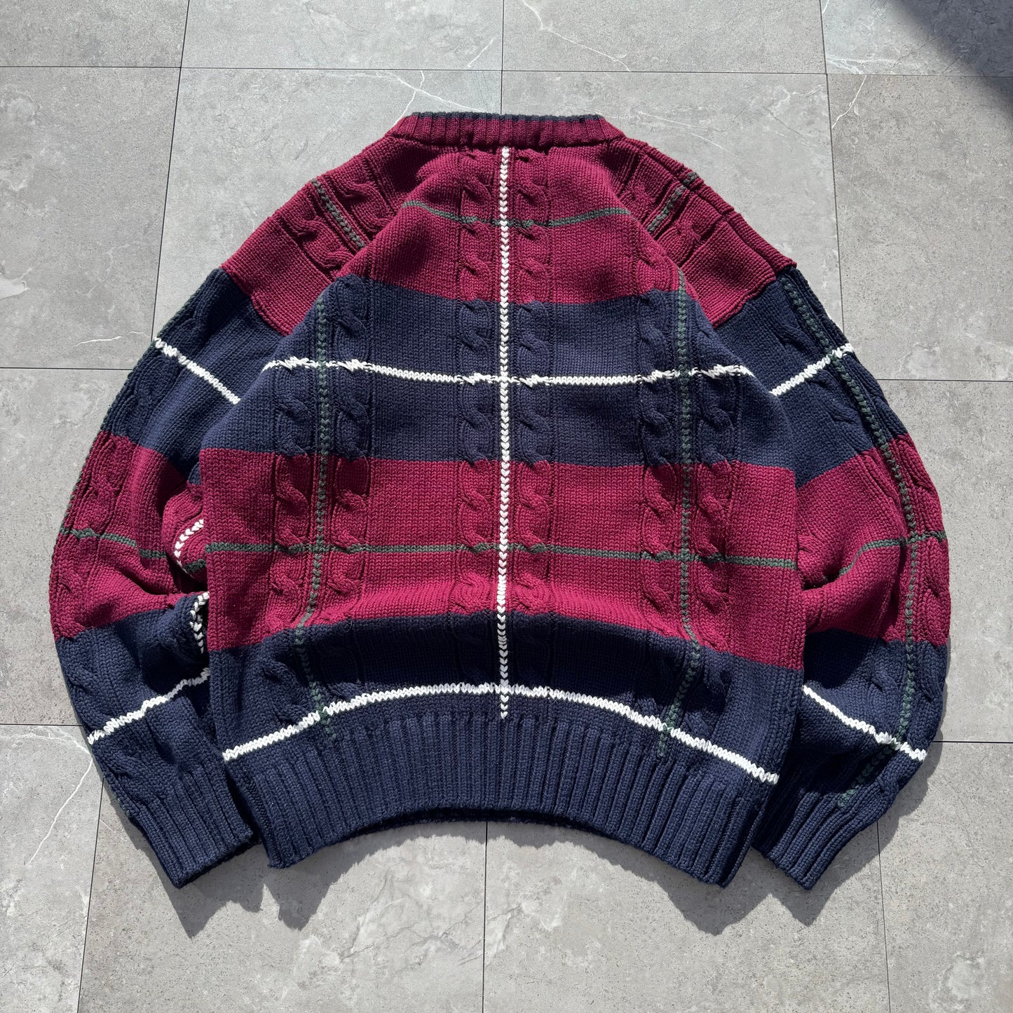 90s John Ashford Heavyweight Red/Navy Checkered Cotton Cable Knit