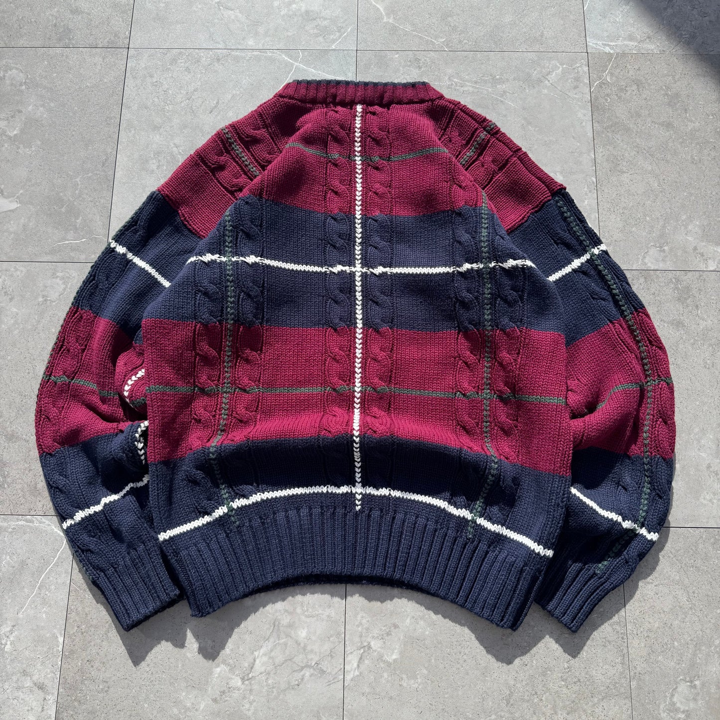 90s John Ashford Heavyweight Red/Navy Checkered Cotton Cable Knit KiiChain Clothing