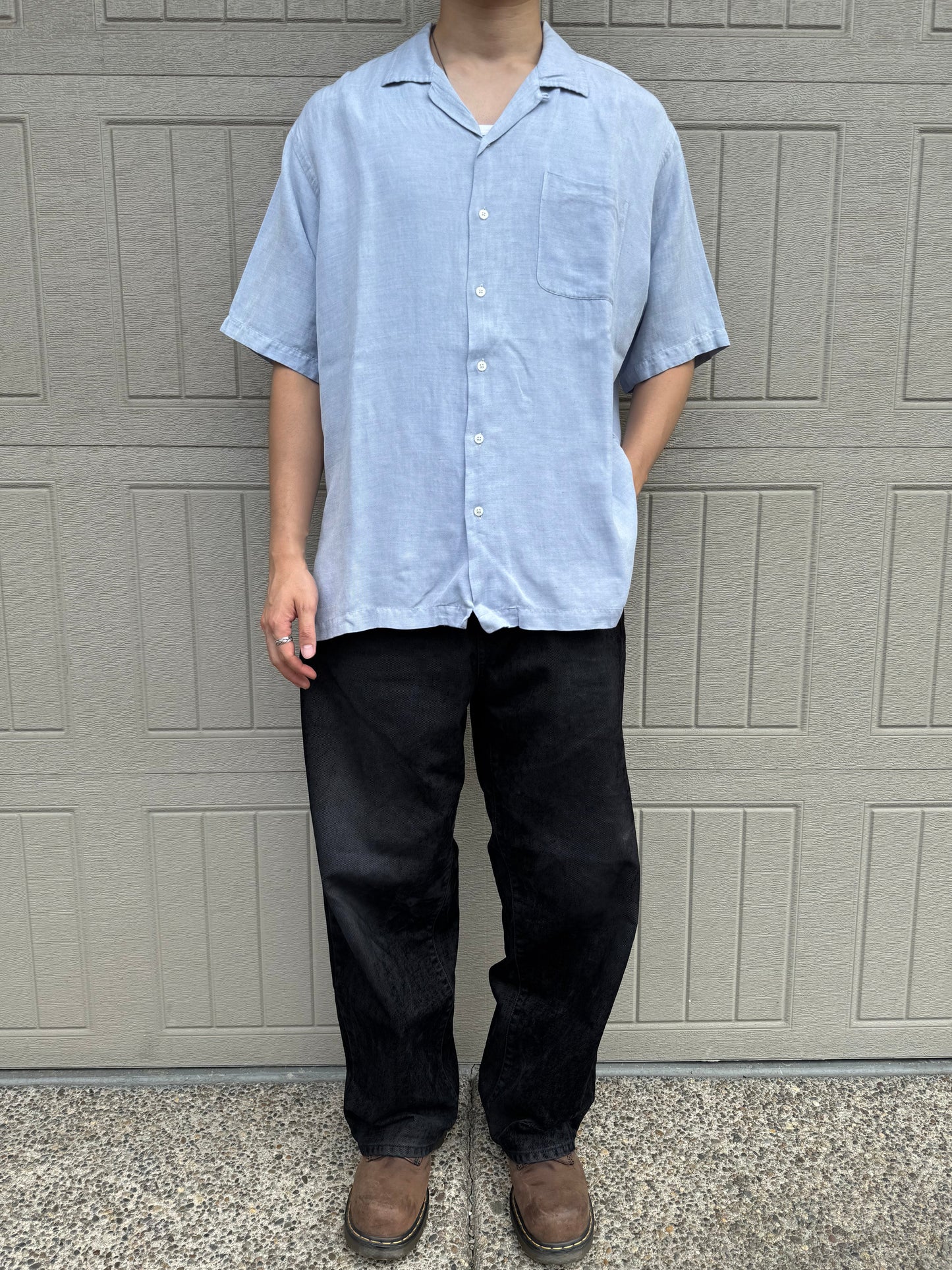 90s-00s Ralph Lauren Polo Golf Caldwell Blue Herringbone Silk x Linen Open Collar Shirt KiiChain Clothing