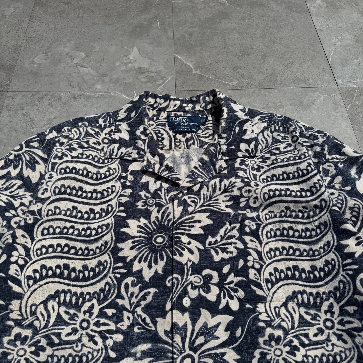 90s-00s Ralph Lauren Bonnard Black/Navy Paisley Linen x Cotton Open Collar Shirt KiiChain Clothing