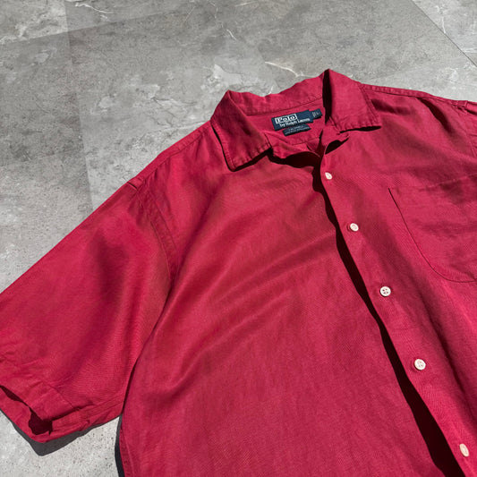 90s-00s Ralph Lauren “Caldwell” Silk x Linen Red Open Collar Shirt KiiChain Clothing