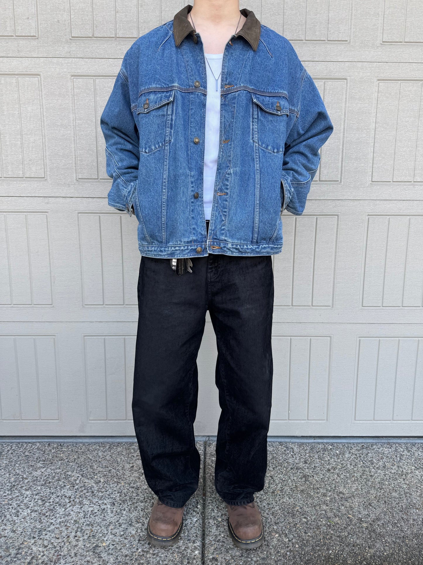 90s St. John's Bay Leather Collar Denim Jacket