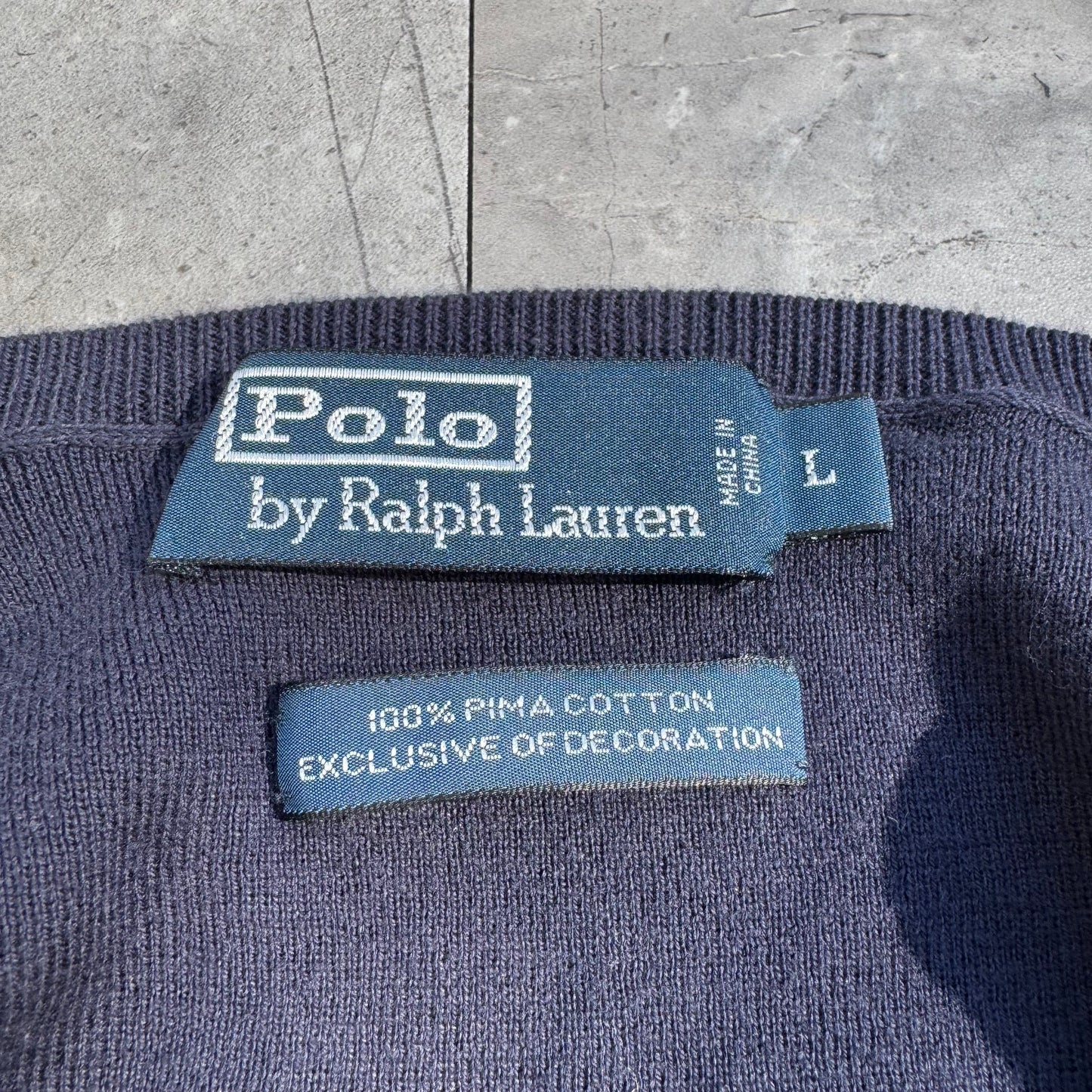 90s Polo by Ralph Lauren 100% Pima Cotton “Exclusive of Decoration” Navy V-Neck Sweater KiiChain Clothing