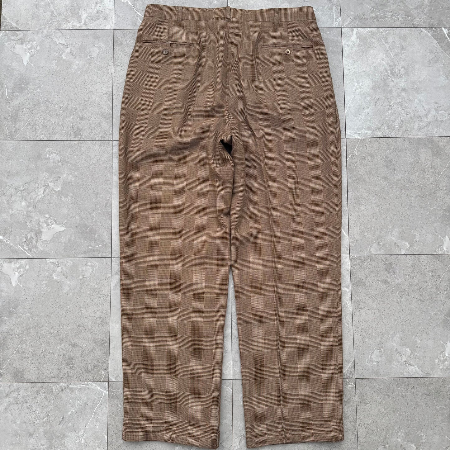 80s-90s Polo by Ralph Lauren Made in USA from Imported Fabric Brown Houndstooth Pleated Checkered Slacks KiiChain Clothing