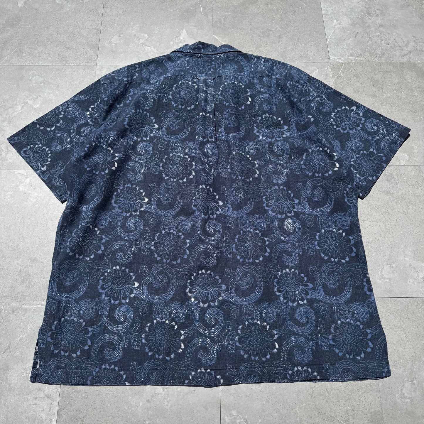 90s-00s Ralph Lauren Caldwell Dark Blue Linen x Cotton Floral Open Collar Shirt KiiChain Clothing