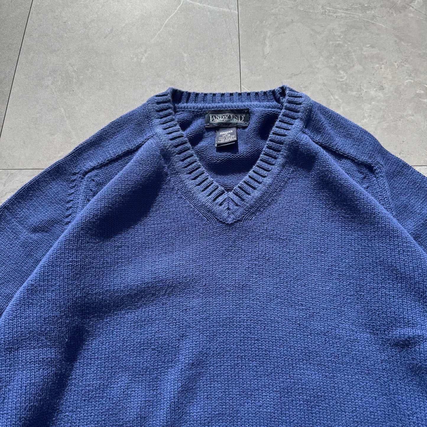 90s Lands' End Women’s “Drifter Sweater” Made in USA Blue V-Neck Knit