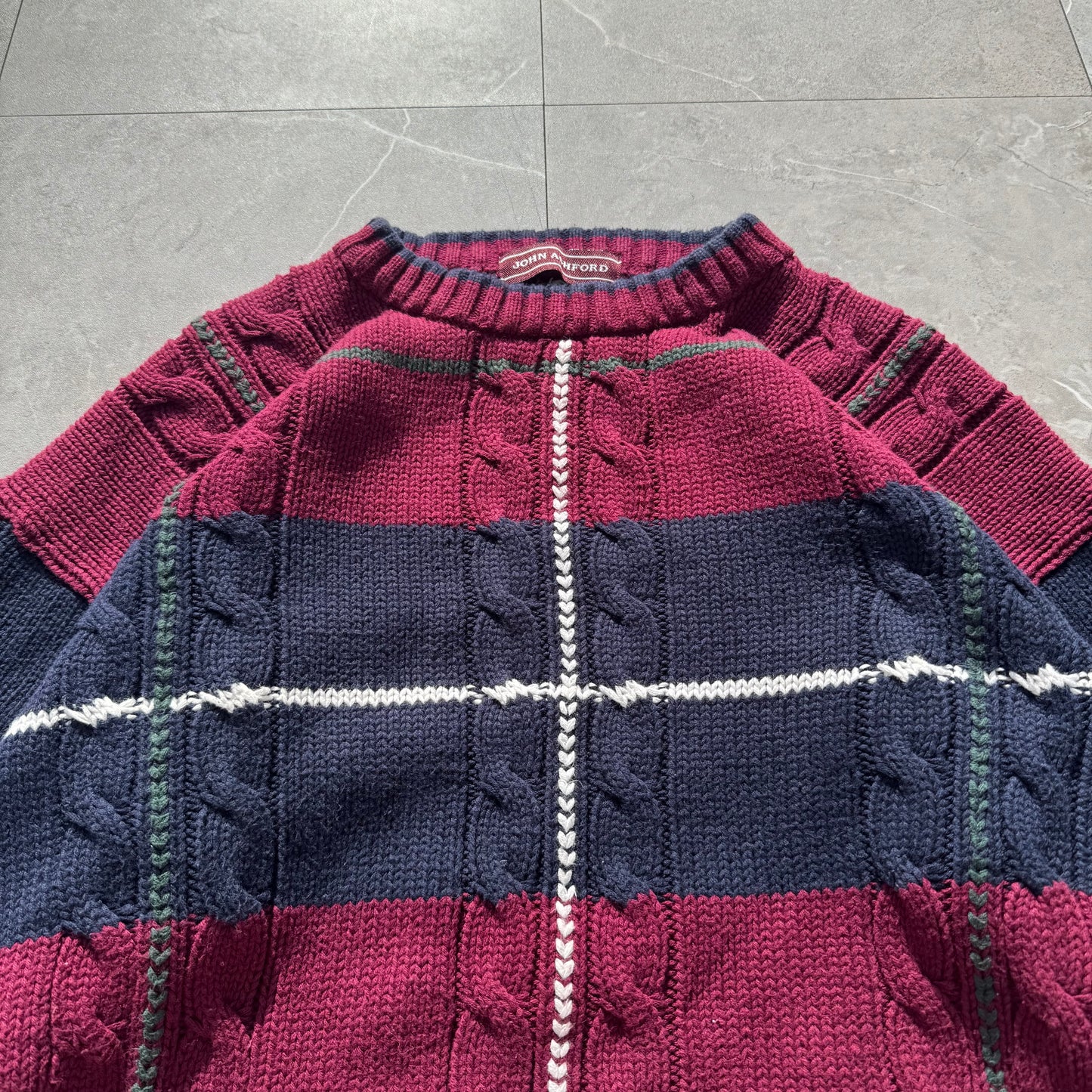 90s John Ashford Heavyweight Red/Navy Checkered Cotton Cable Knit