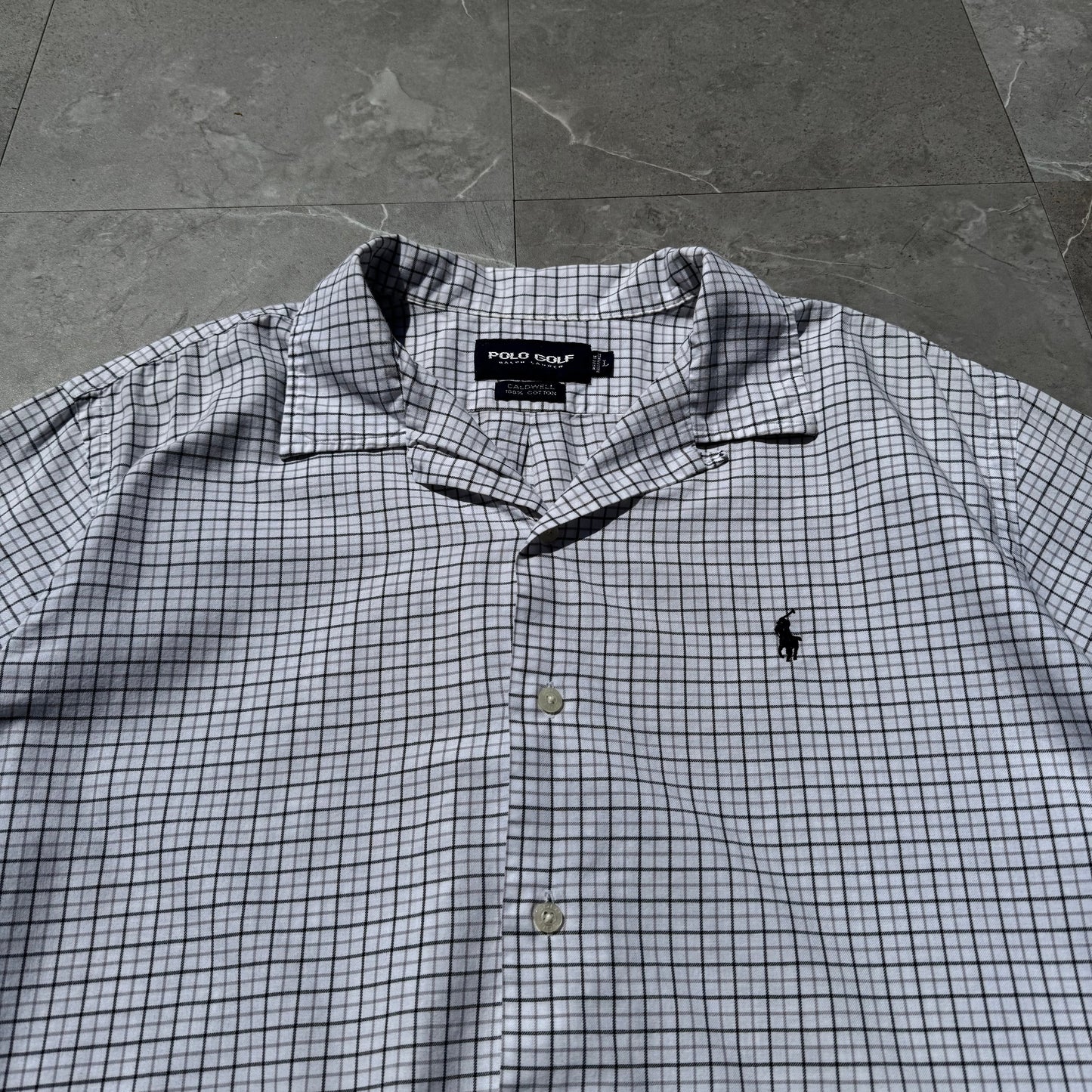 90s-00s Polo Golf Caldwell Cropped Raw Hem White Checkered Shirt KiiChain Clothing