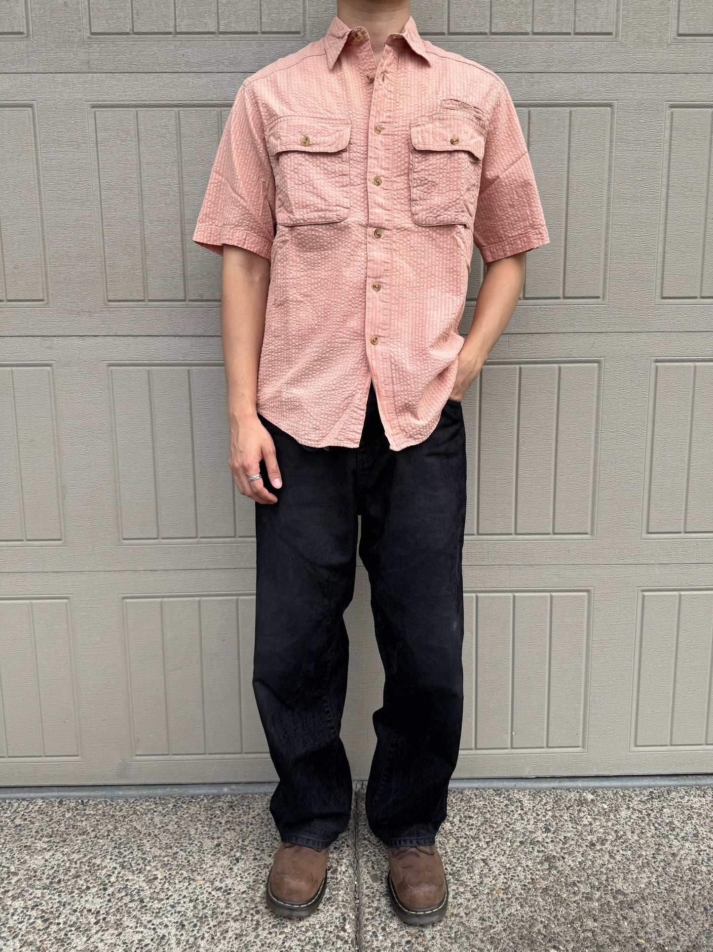 90s Travel Smith Salmon Pink Seersucker Dual Pocket Short Sleeve Shirt KiiChain Clothing