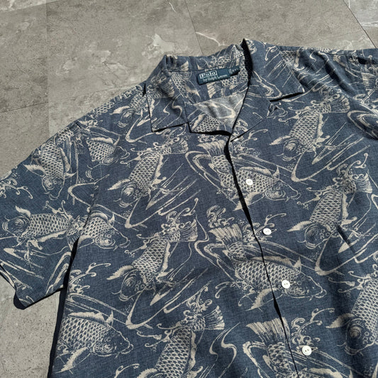 90s-00s Ralph Lauren Navy Koi Pattern Open Collar Shirt KiiChain Clothing