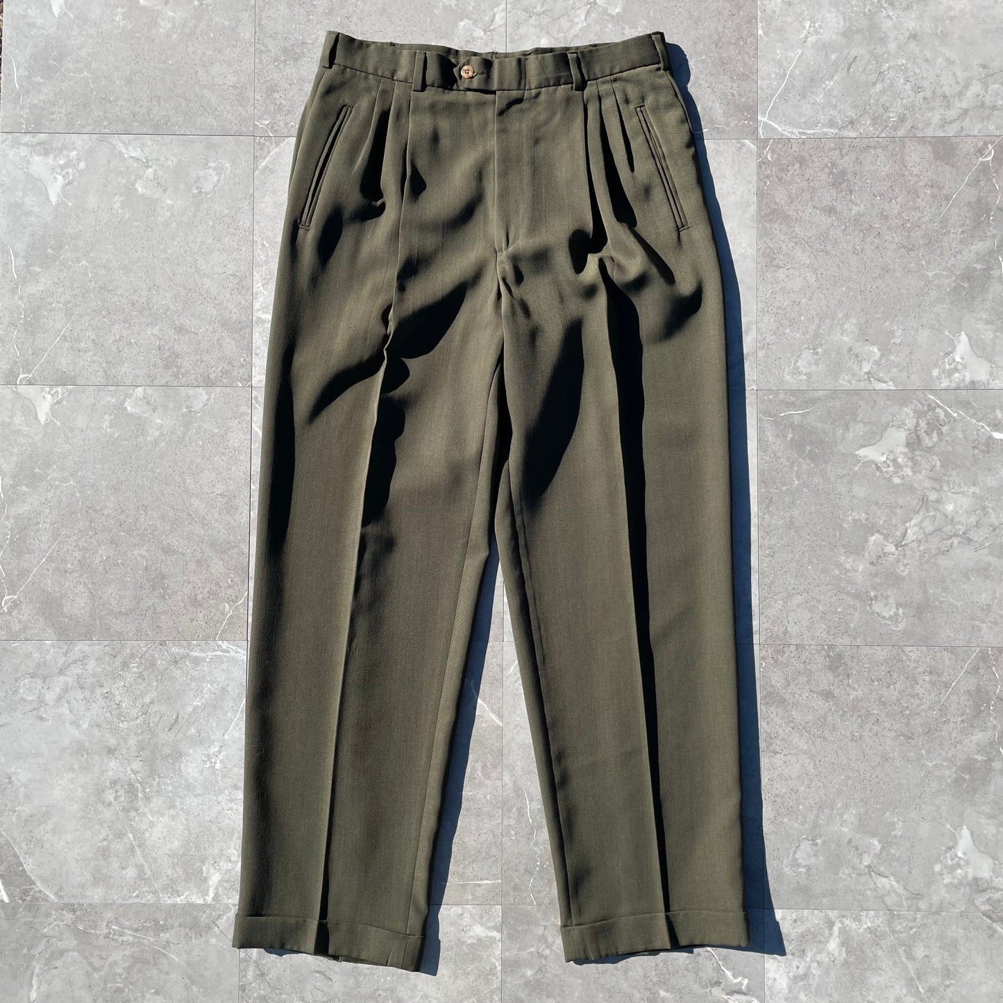 80s Perry Ellis Portfolio Olive Green Three-Tuck Wide Leg Wool-Blend Slacks 34x32 KiiChain Clothing