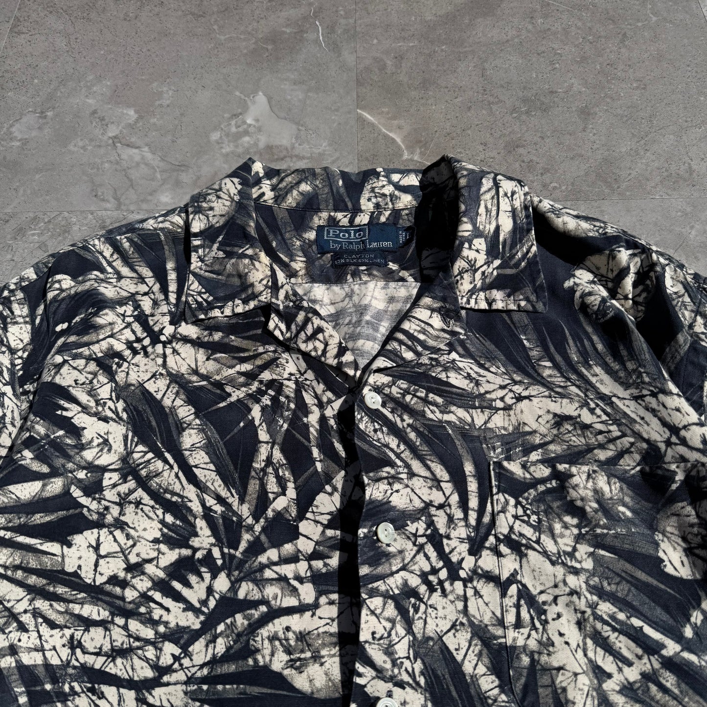 90s-00s Ralph Lauren Clayton Black Silk x Linen Open Collar Shirt KiiChain Clothing