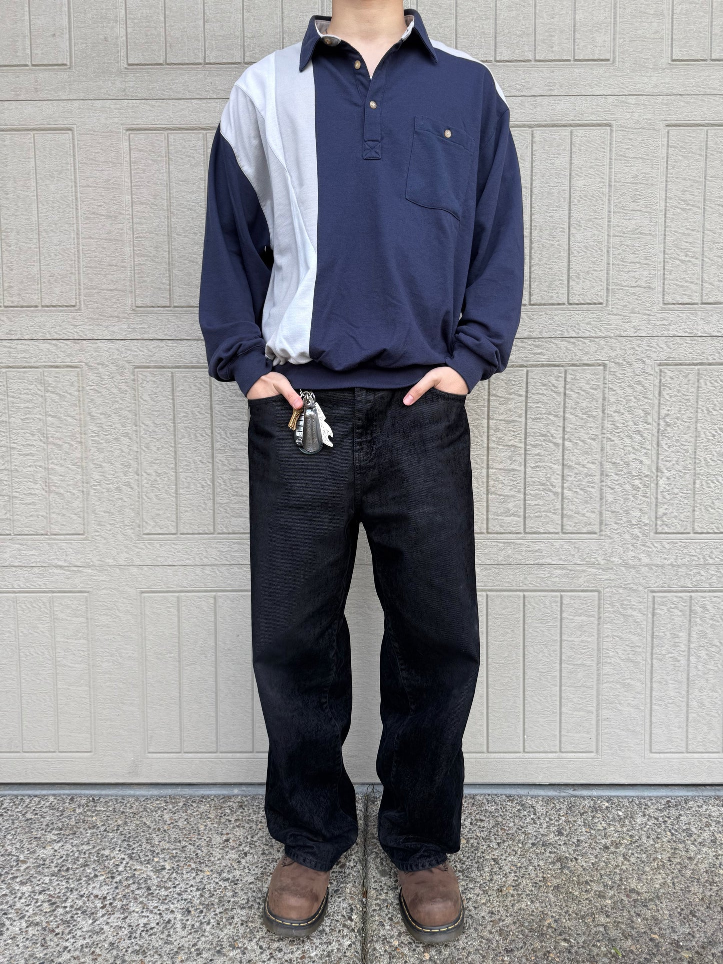 90s-00s Puritan Navy/Gray Color-Blocked Long Sleeve Polo Shirt KiiChain Clothing