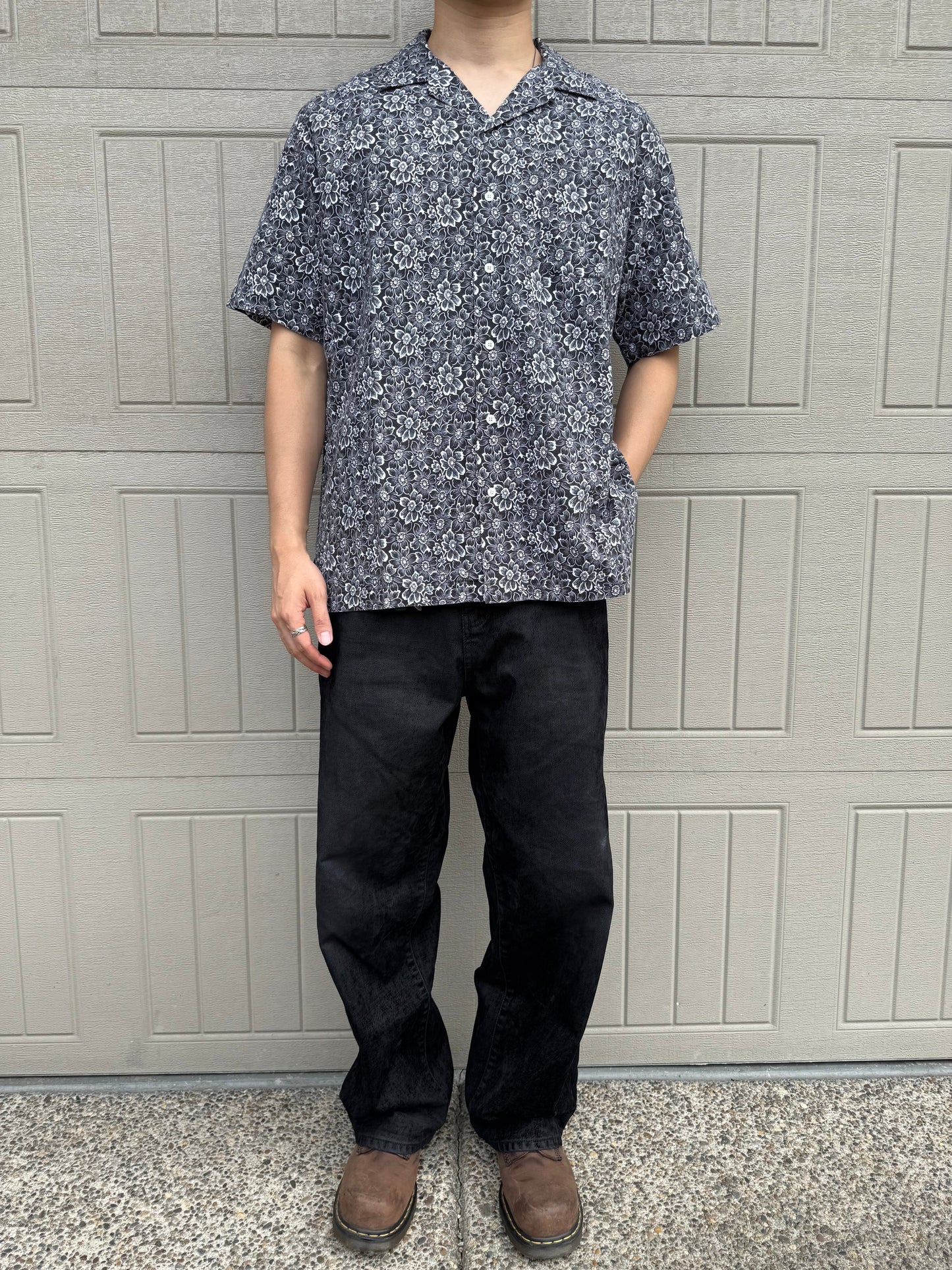 90s-00s Ralph Lauren Polo Golf Clayton Black Floral Linen x Cotton Open Collar Shirt KiiChain Clothing