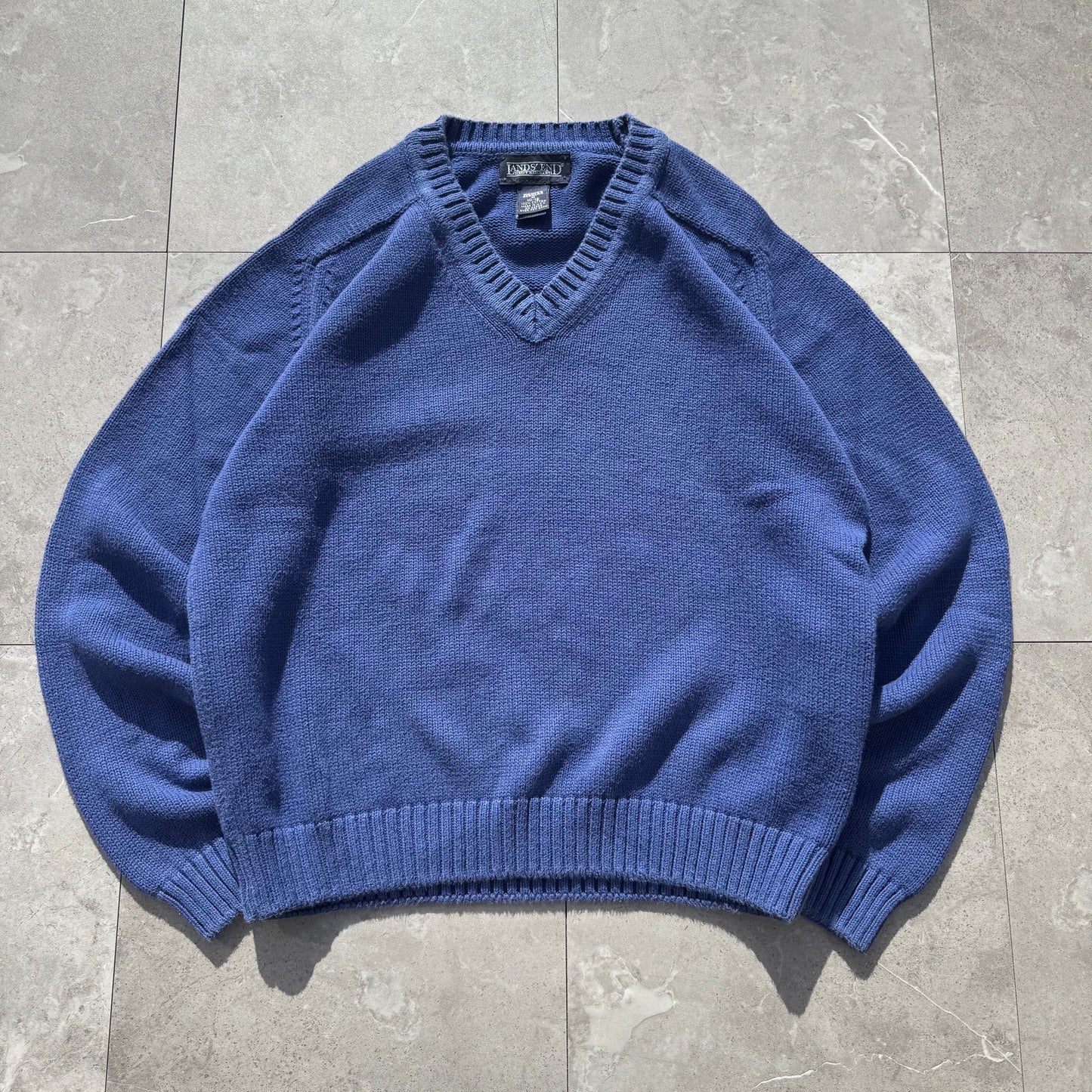90s Lands' End Women’s “Drifter Sweater” Made in USA Blue V-Neck Knit