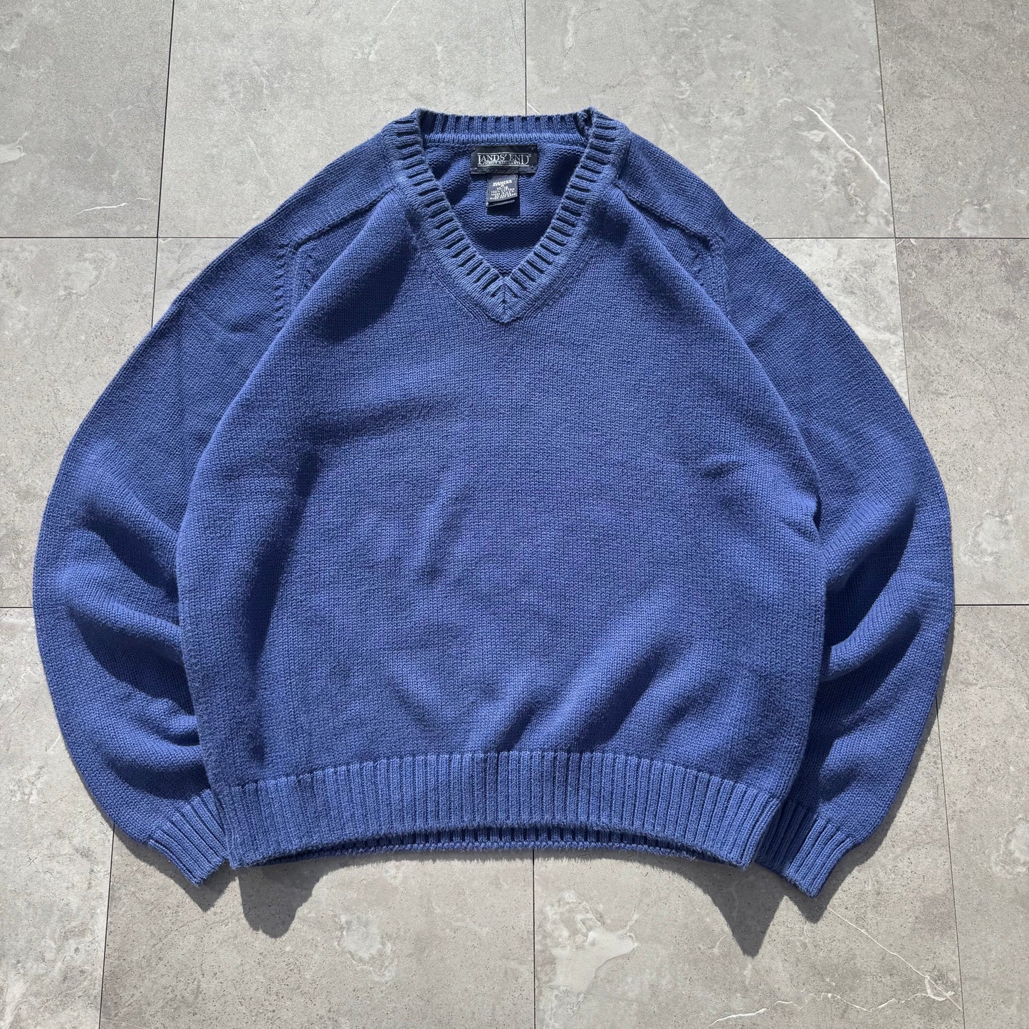 90s Lands' End Women’s “Drifter Sweater” Made in USA Blue V-Neck Knit KiiChain Clothing
