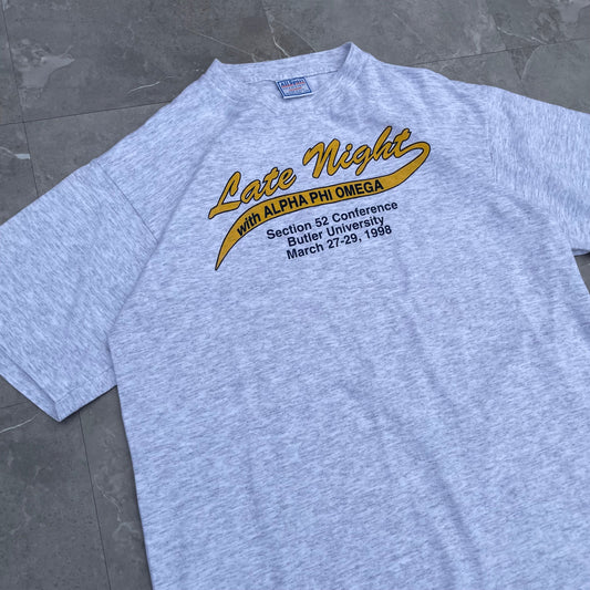90s Late Night with Alpha Phi Omega 1998 Made in USA All Sport T-Shirt KiiChain Clothing