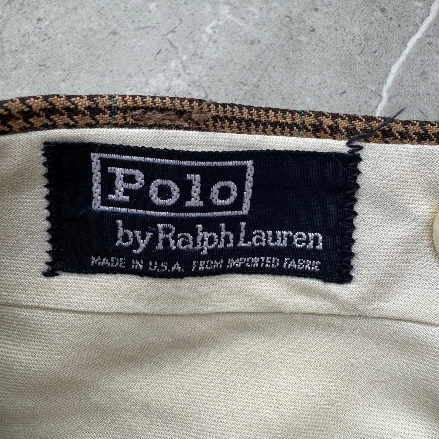 80s-90s Polo by Ralph Lauren Made in USA from Imported Fabric Brown Houndstooth Pleated Checkered Slacks KiiChain Clothing