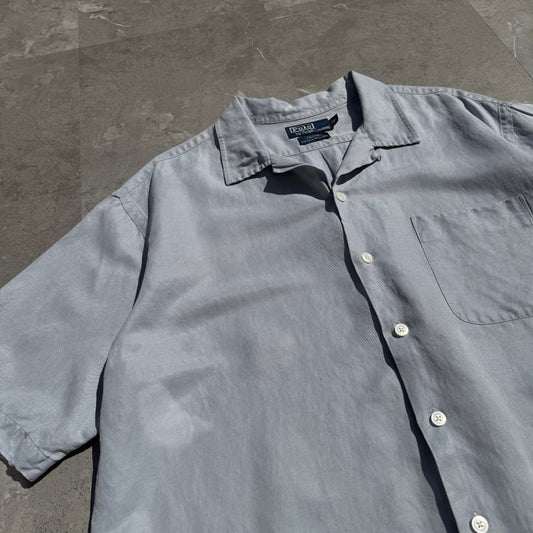 90s-00s Ralph Lauren “Caldwell” Light Blue/Gray Silk x Linen Open Collar Shirt KiiChain Clothing
