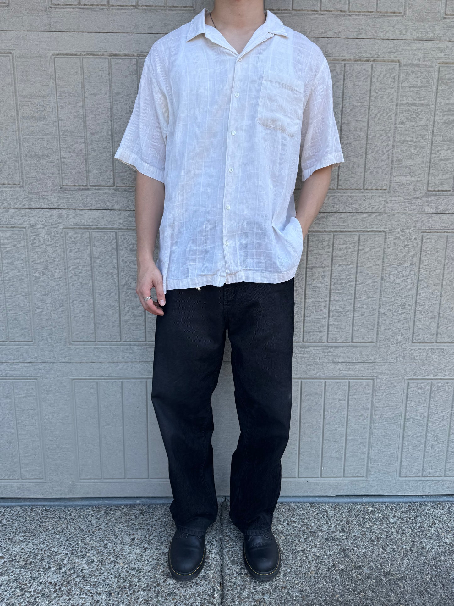 00s Polo by Ralph Lauren Caldwell No-Pony White Checkered Linen x Cotton Open Collar Shirt XL
