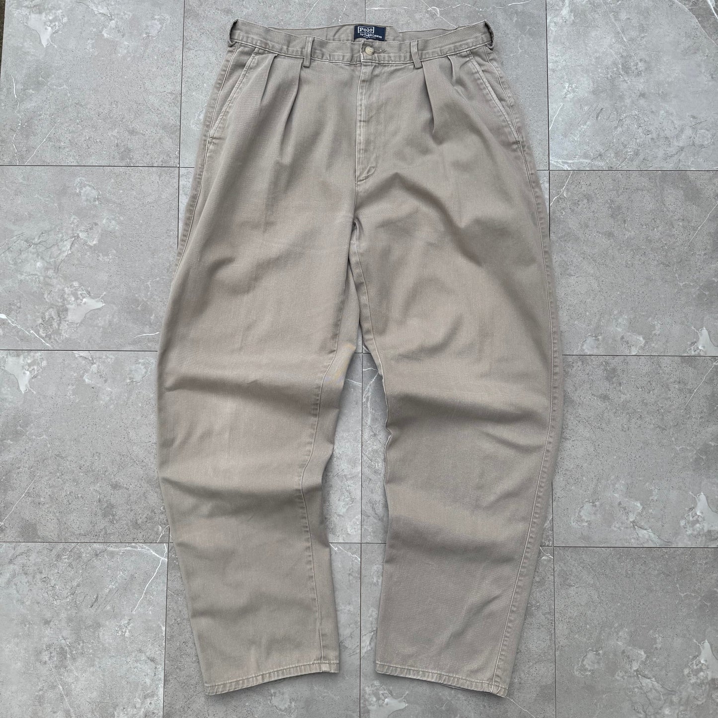 80s-90s Polo by Ralph Lauren Made in USA Faded Gray Pleated Chino Pants 35x32 KiiChain Clothing