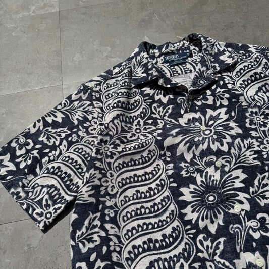 90s-00s Ralph Lauren “Bonnard” Linen x Cotton Navy/Black Paisley Open Collar Shirt KiiChain Clothing