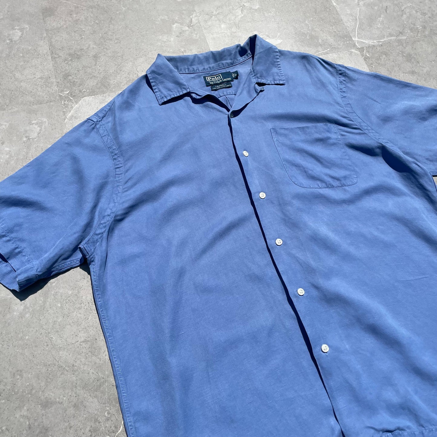 90s Ralph Lauren Caldwell Silk Linen Blue Hawaiian Shirt KiiChain Clothing