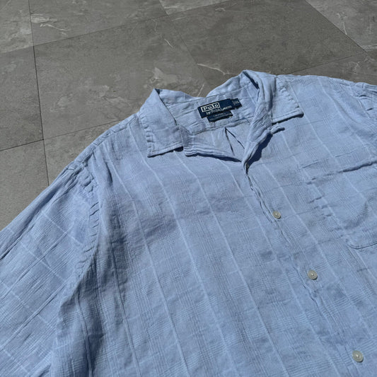 90s-00s Ralph Lauren Caldwell Linen x Cotton Light Blue Checkered Open Collar Shirt KiiChain Clothing