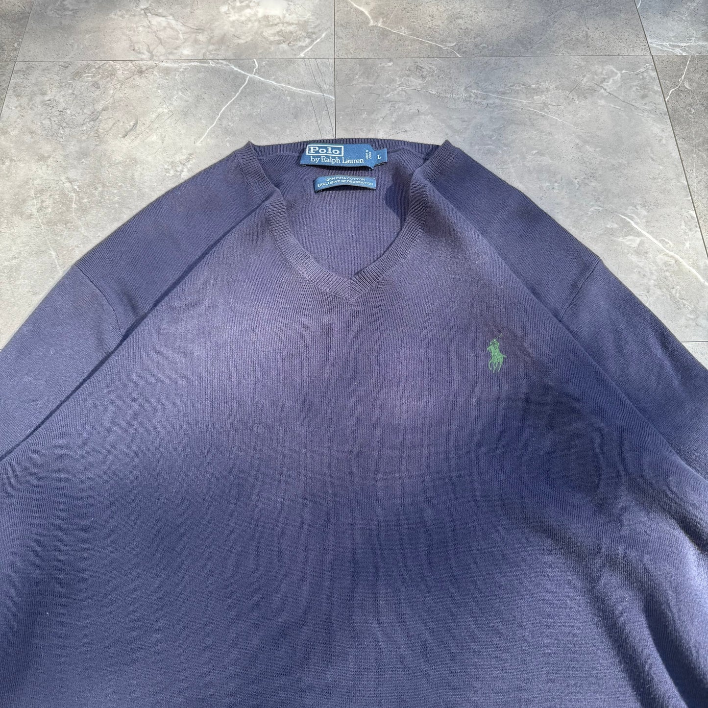 90s Polo by Ralph Lauren 100% Pima Cotton “Exclusive of Decoration” Navy V-Neck Sweater KiiChain Clothing