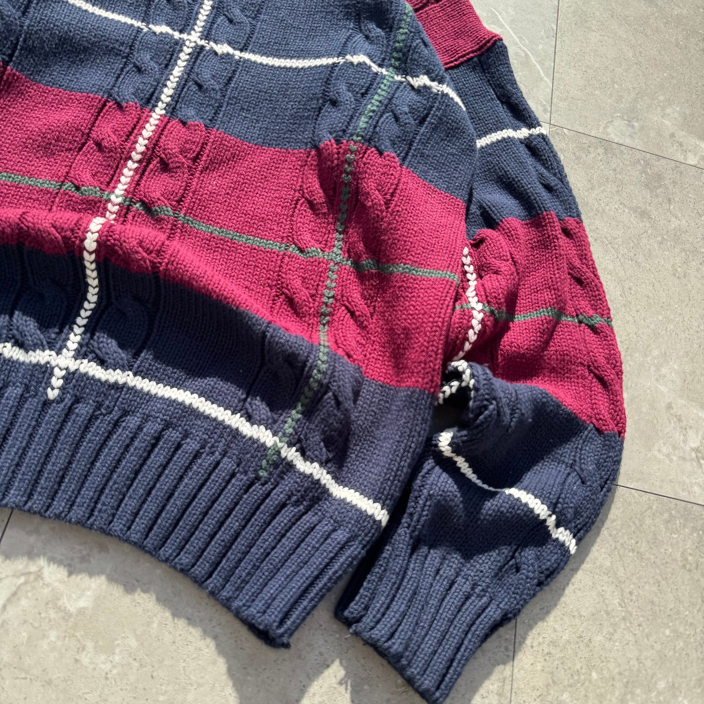 90s John Ashford Heavyweight Red/Navy Checkered Cotton Cable Knit