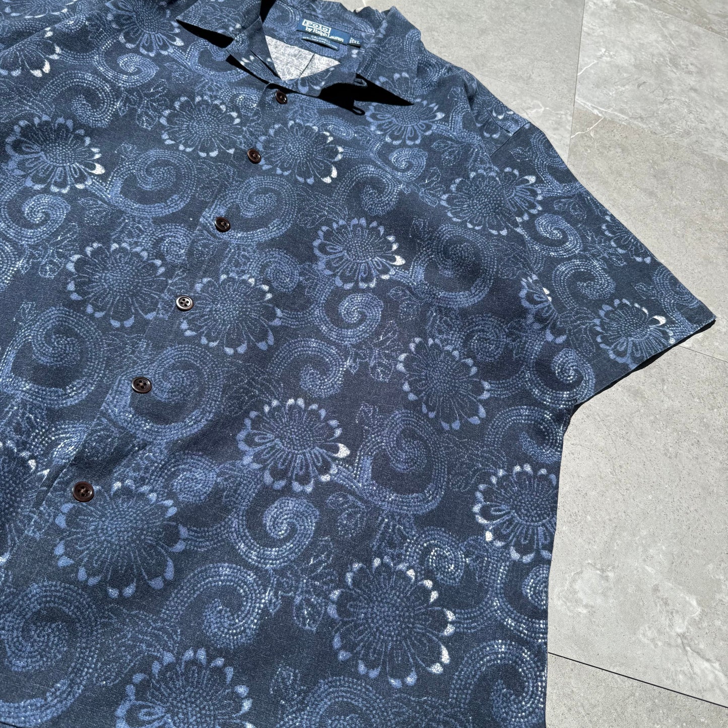 90s-00s Ralph Lauren Caldwell Dark Blue Linen x Cotton Floral Open Collar Shirt KiiChain Clothing