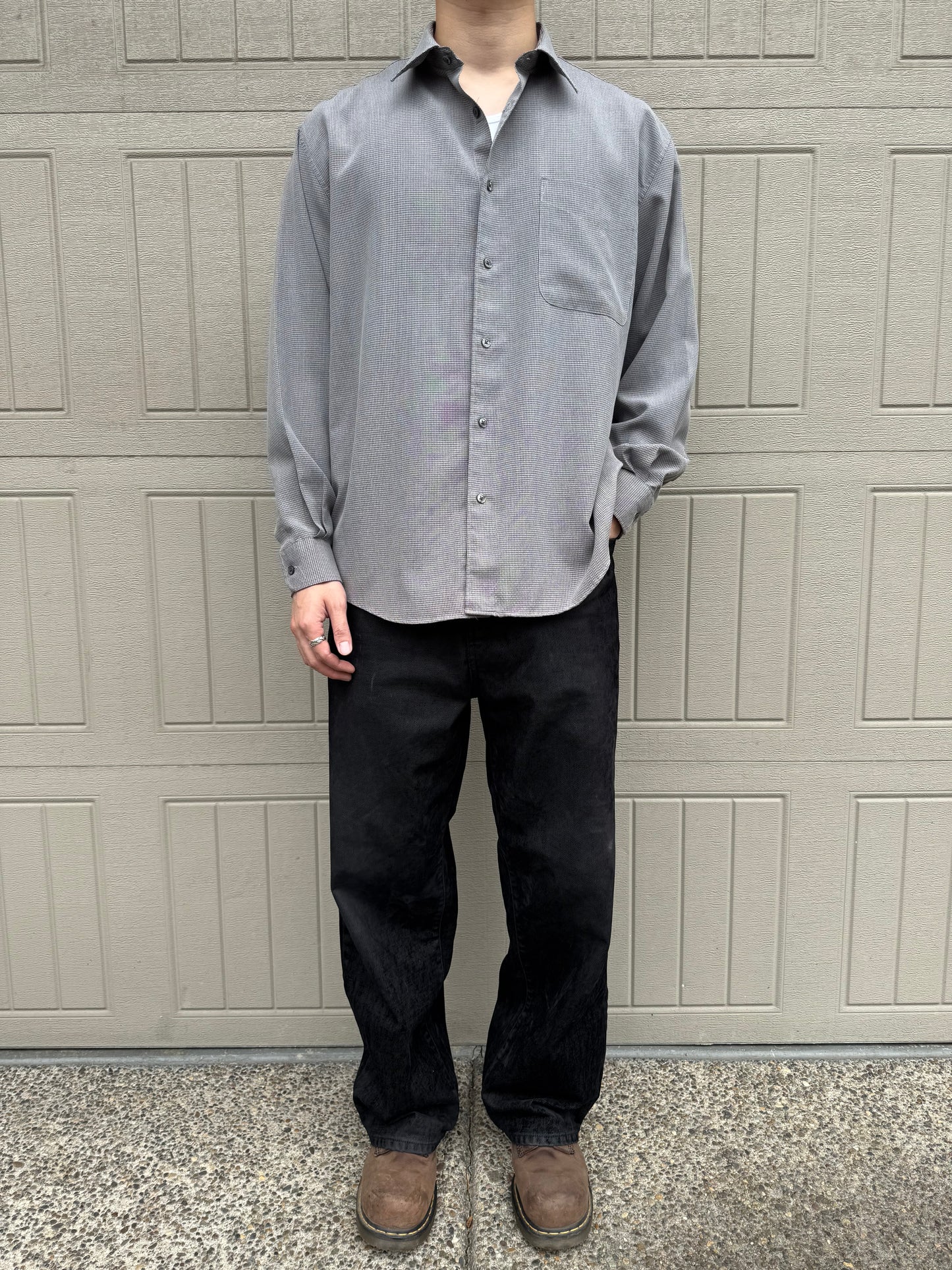 90s Natural Issue Gray Rayon Gingham Checkered Shirt