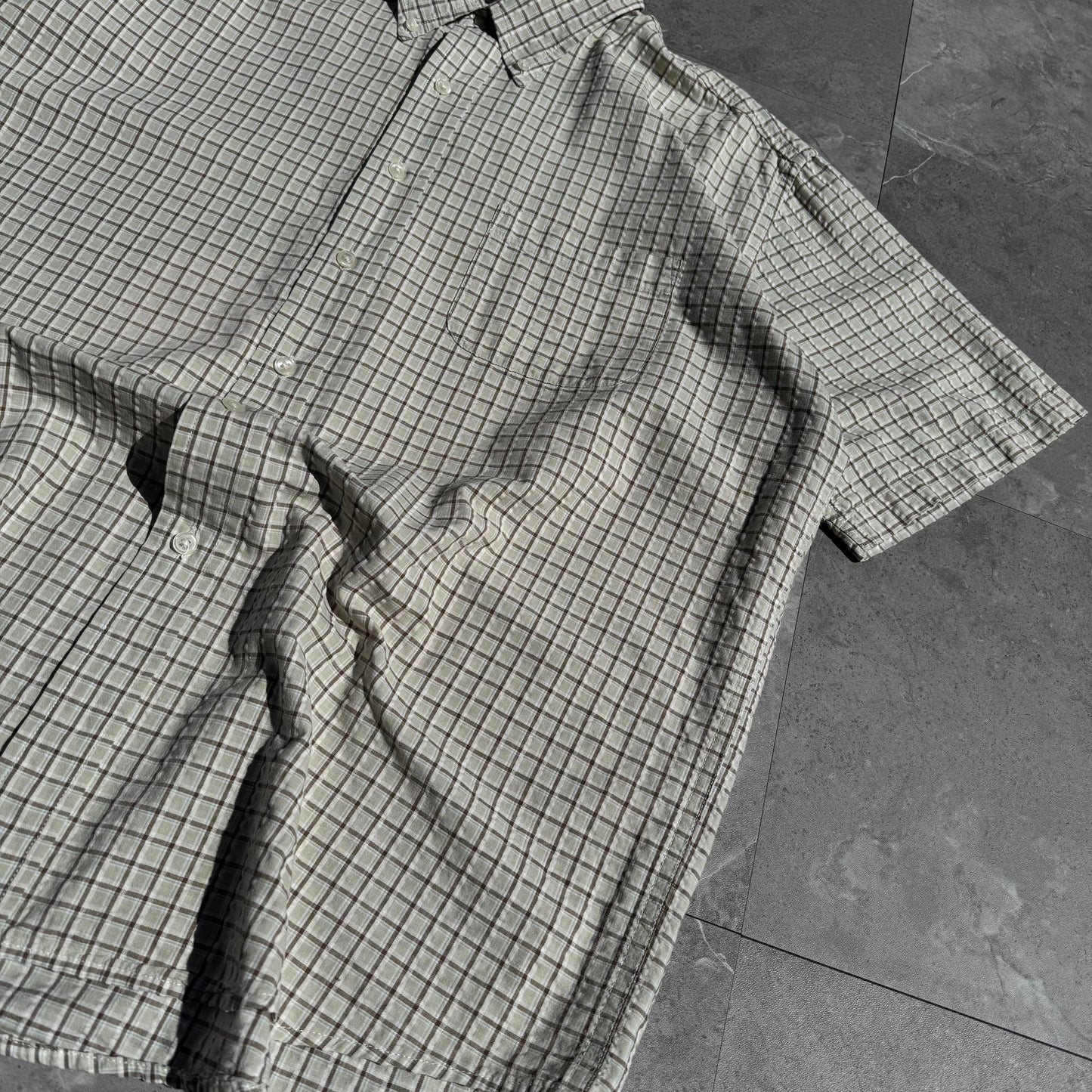 90s-00s John Ashford Cream Seersucker Checkered Cotton Short Sleeve Shirt KiiChain Clothing