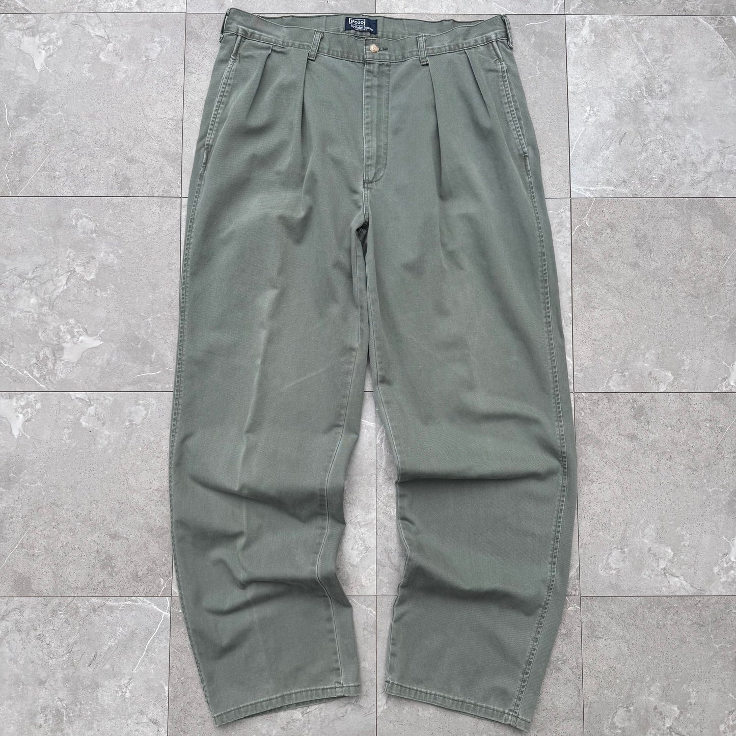 80s-90s Polo by Ralph Lauren Made in USA Faded Green Pleated Chino Pants 36x32 KiiChain Clothing