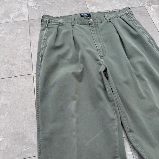 80s-90s Polo by Ralph Lauren Made in USA Faded Green Pleated Chino Pants 36x32 KiiChain Clothing