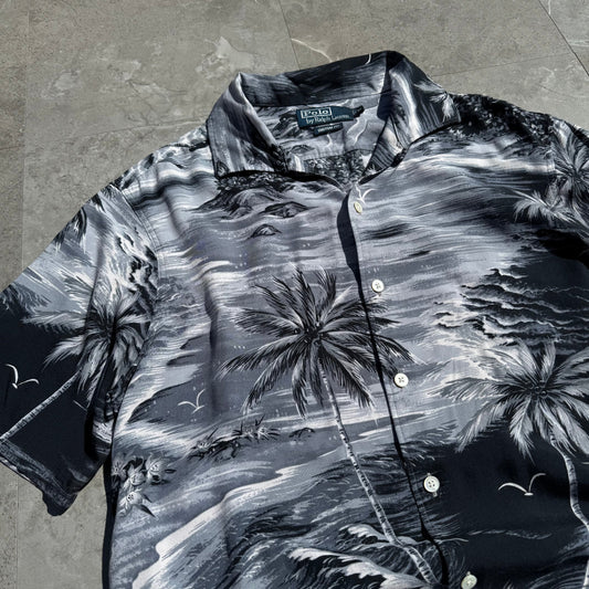90s-00s Ralph Lauren “Custom Fit” 100% Viscose Black Palm Tree Open Collar Shirt KiiChain Clothing