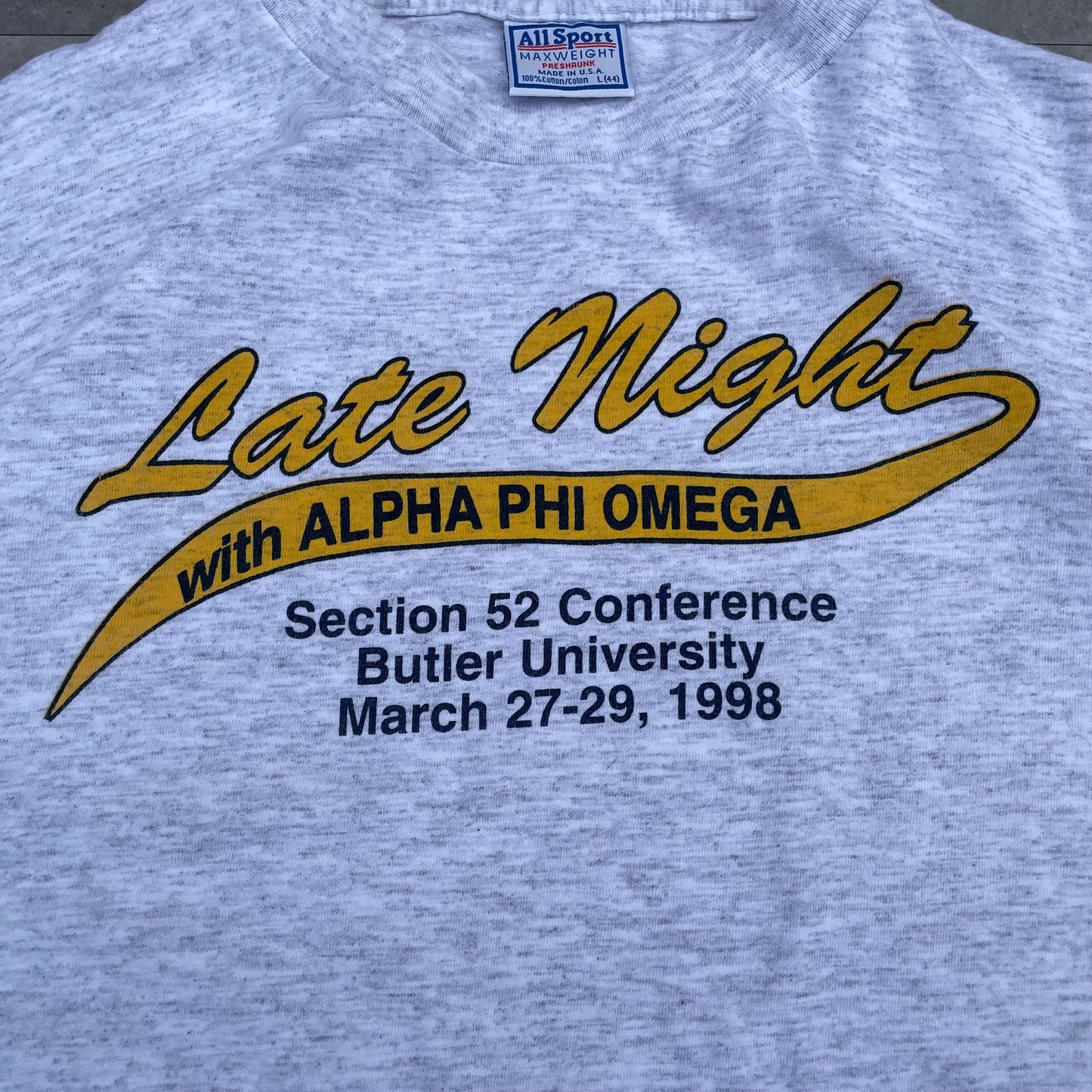 90s Late Night with Alpha Phi Omega 1998 Made in USA All Sport T-Shirt KiiChain Clothing