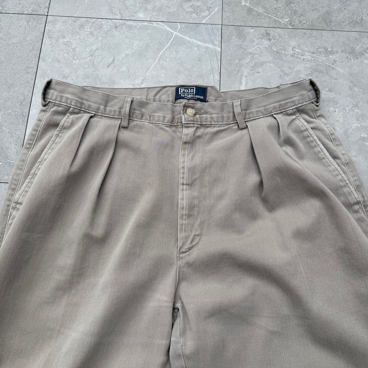 80s-90s Polo by Ralph Lauren Made in USA Faded Gray Pleated Chino Pants 35x32 KiiChain Clothing