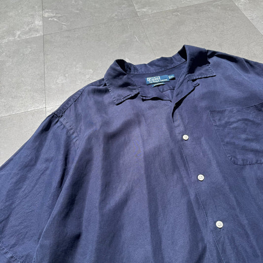 90s-00s Ralph Lauren “Caldwell” Silk x Linen Navy Open Collar Shirt KiiChain Clothing