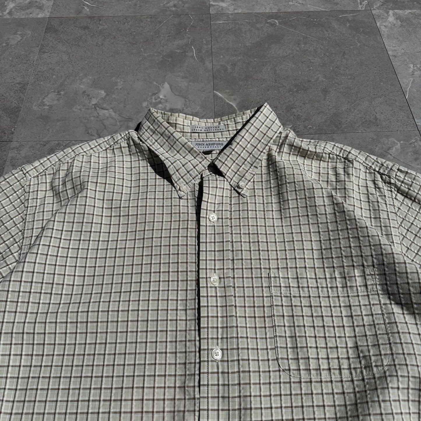 90s-00s John Ashford Cream Seersucker Checkered Cotton Short Sleeve Shirt KiiChain Clothing