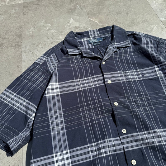 90s-00s Ralph Lauren “Caldwell” Navy Checkered Open Collar Shirt KiiChain Clothing