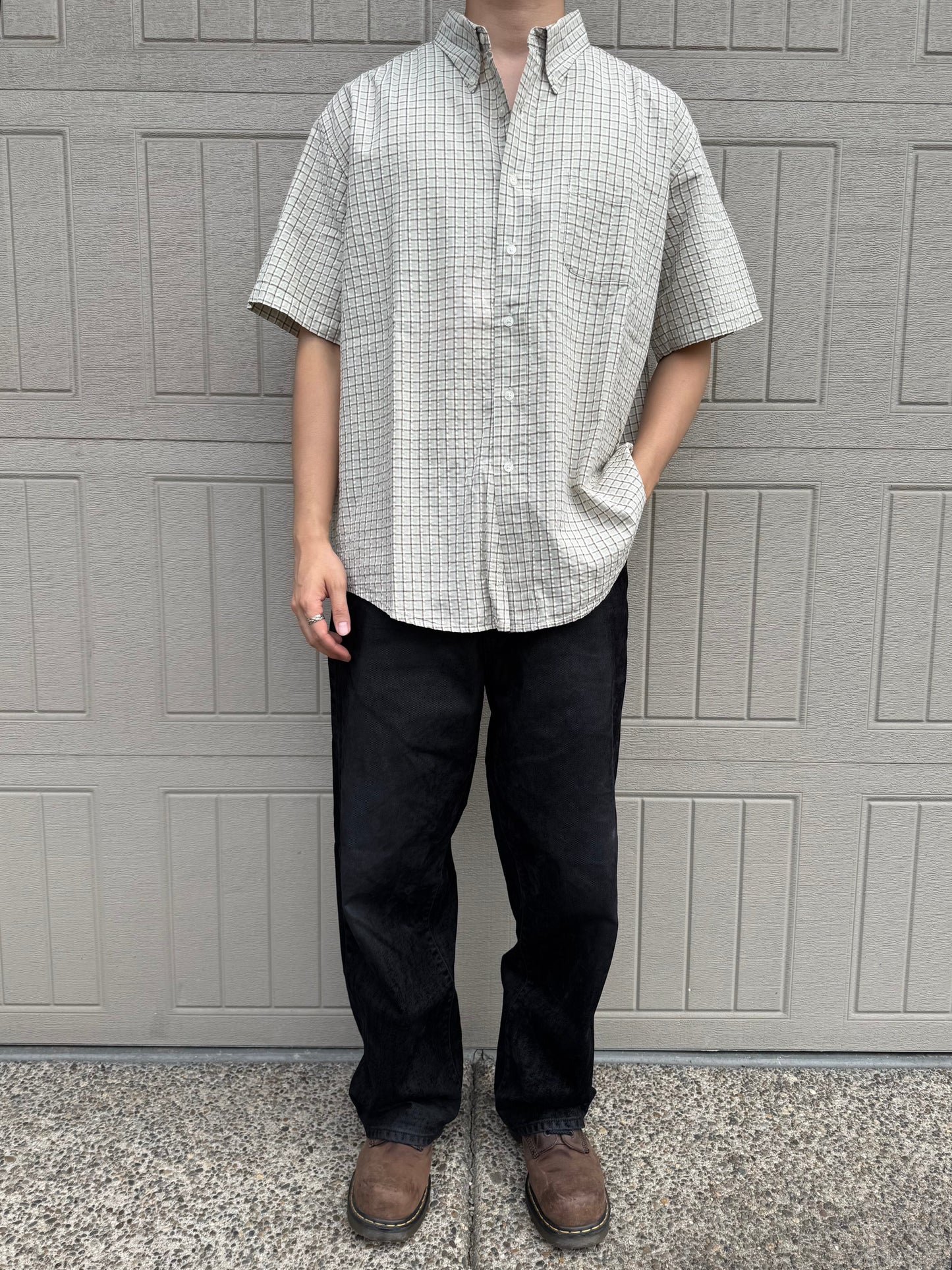 90s-00s John Ashford Cream Seersucker Checkered Cotton Short Sleeve Shirt KiiChain Clothing