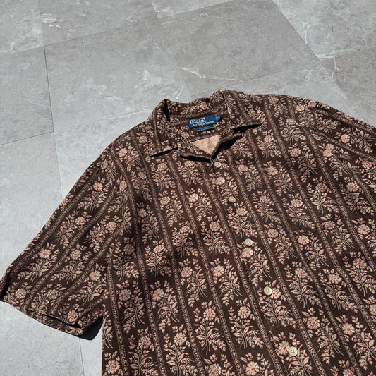90s-00s Ralph Lauren Caldwell Silk x Linen Brown Floral Open Collar Shirt KiiChain Clothing