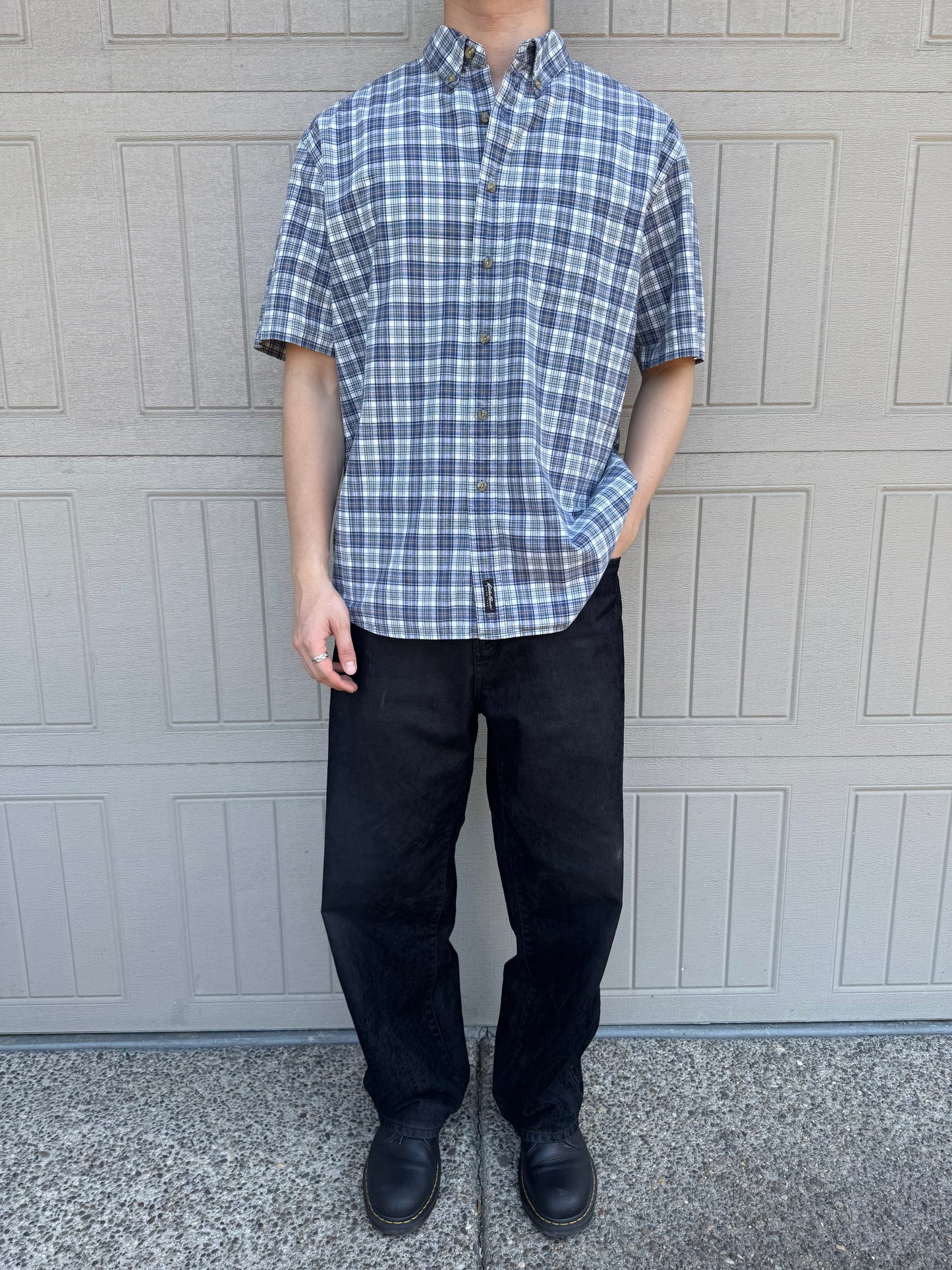 00s Eddie Bauer Blue/White Checkered Button Down Short Sleeve Shirt L