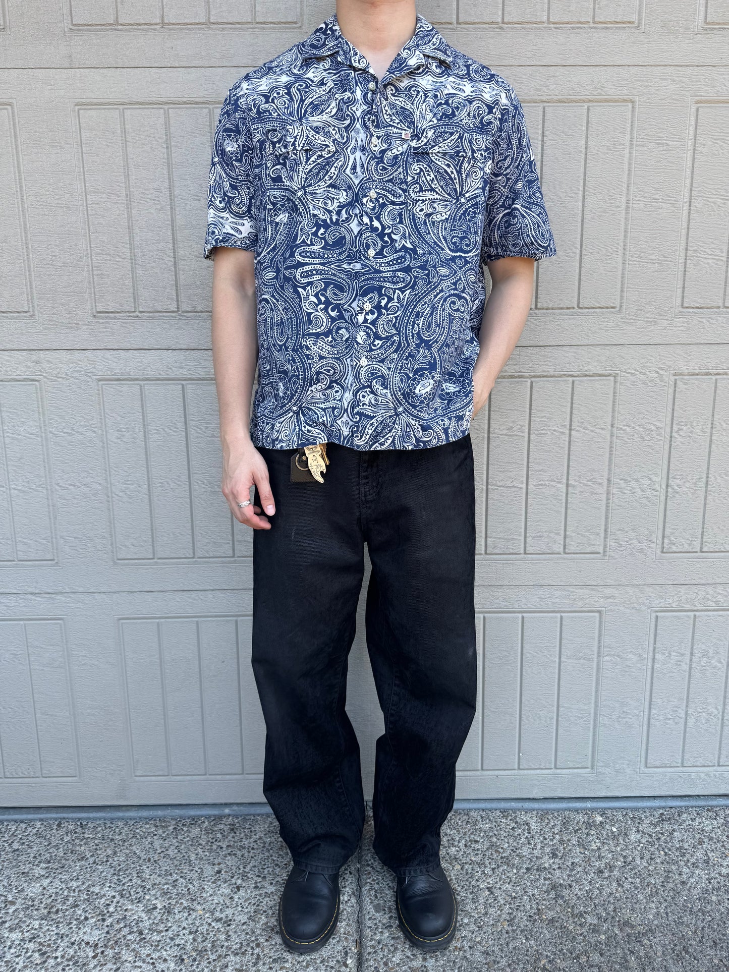 00s Ralph Lauren Polo Jeans Co. Blue Paisley Open Collar Shirt S