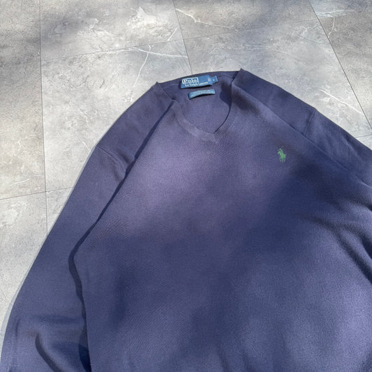 90s Polo by Ralph Lauren 100% Pima Cotton “Exclusive of Decoration” Navy V-Neck Sweater KiiChain Clothing