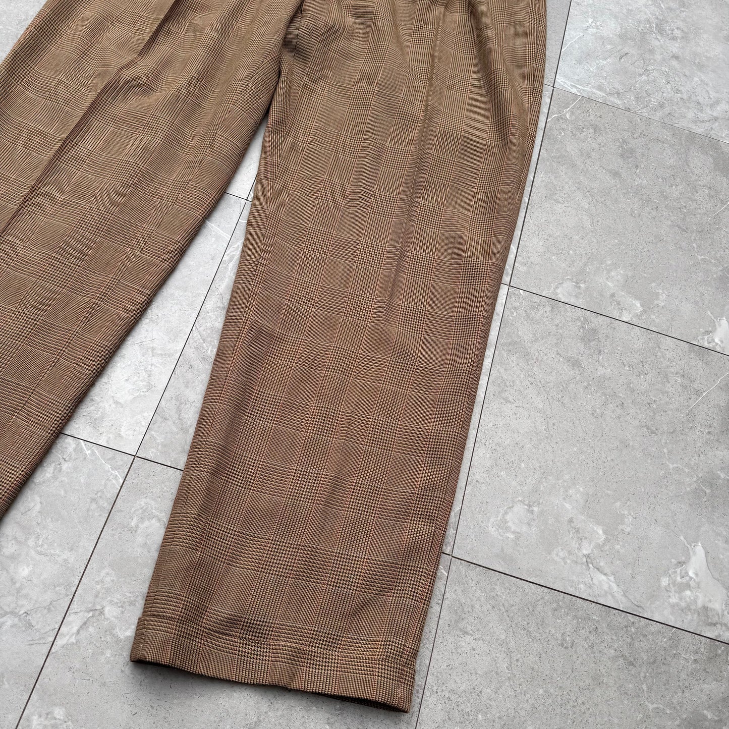 80s-90s Polo by Ralph Lauren Made in USA from Imported Fabric Brown Houndstooth Pleated Checkered Slacks KiiChain Clothing