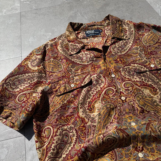 80s-90s Ralph Lauren Made in USA “100% Imported Silk” Paisley Open Collar Shirt KiiChain Clothing